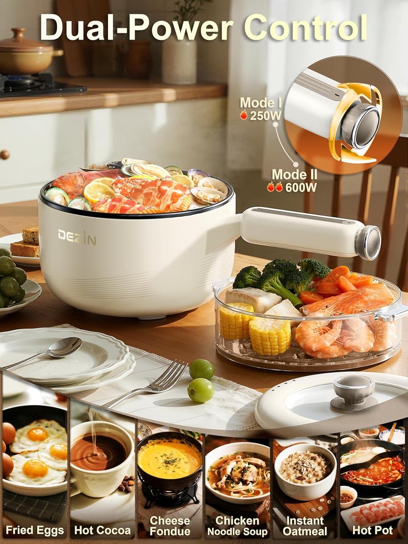 DEZIN Electric pot with Steamer, 2L Non-Stick Sauté Pan, 5-in-1 Multifunctional Hot Pot Electric for Steak, Fried Rice, Oatmeal, Soup, Dual Power Control, Portable Pot for Dorm, Office & Small Kitchen - Image 3